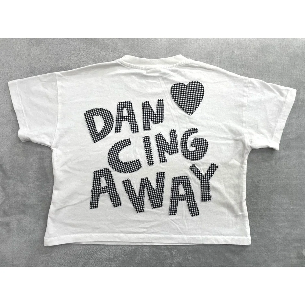 Zara T-Shirt Girls 9-10 White Gingham Heart Dancing Away Graphic Tee